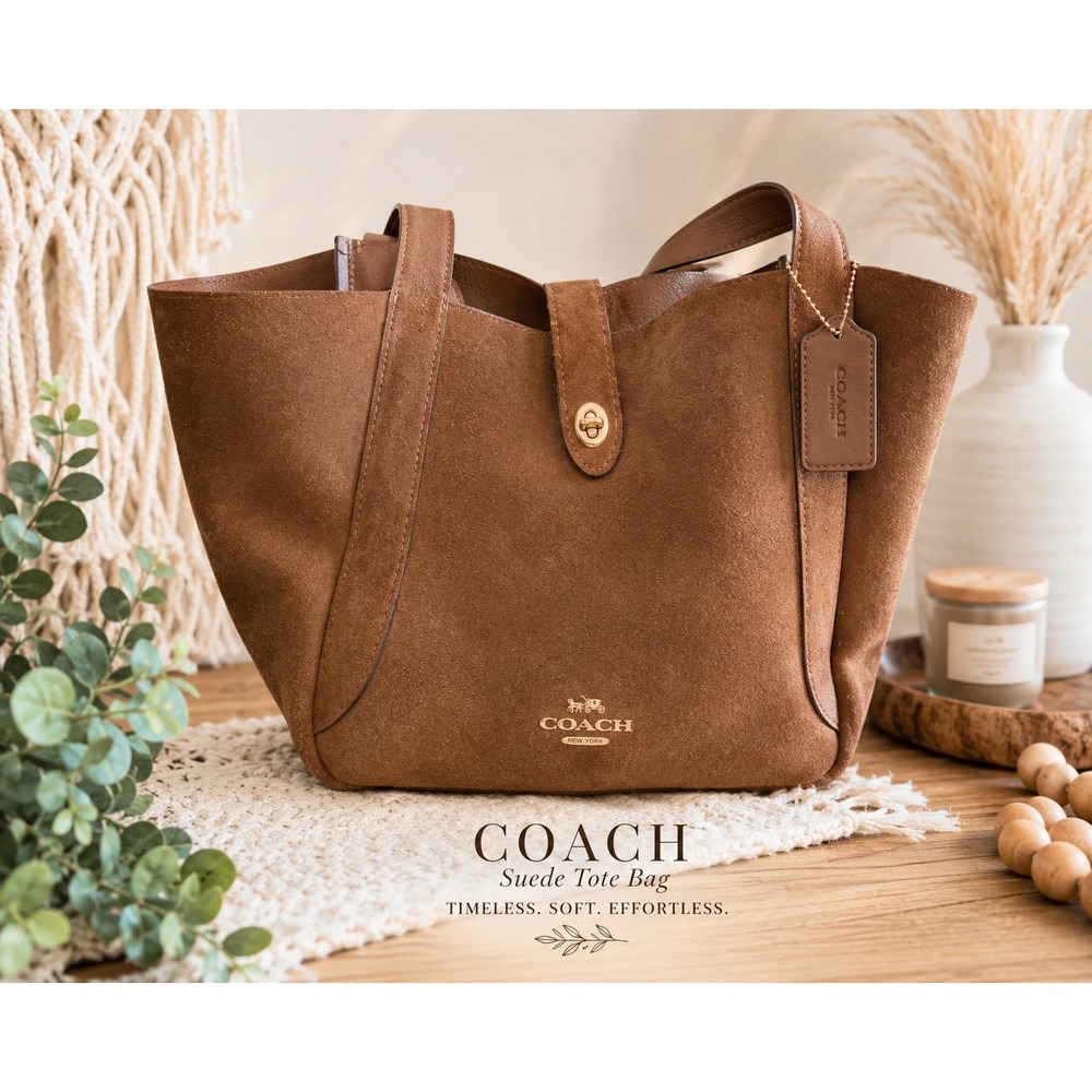Coach Hadley Turn Lock Tote Bag Brown Suede Boho Western Coastal Cowgirl Purse